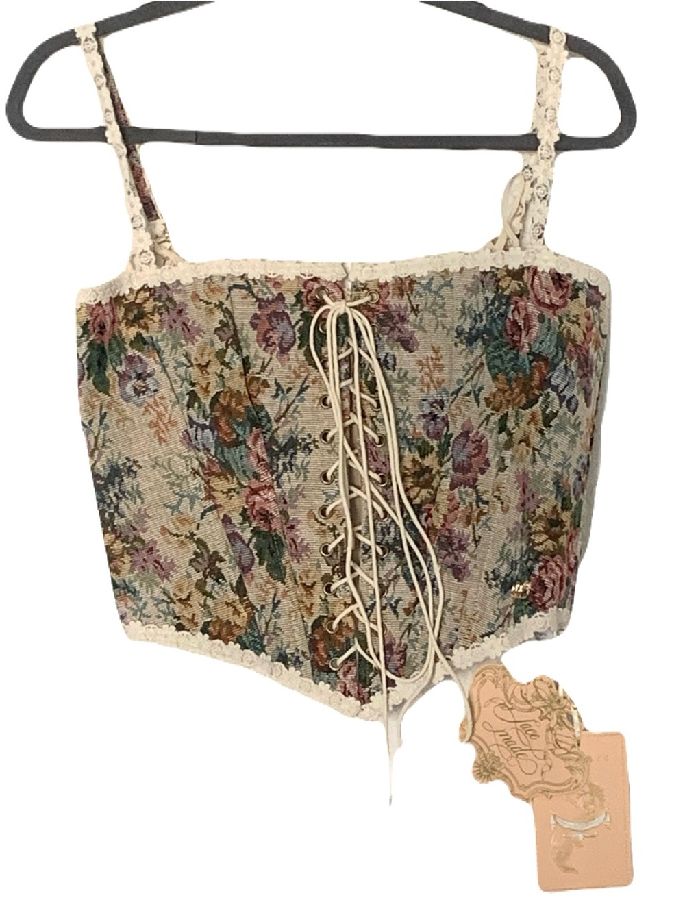 NEW Lacemade XL Multicolor Floral Tapestry Lace Front Bustier Corset Cropped Top